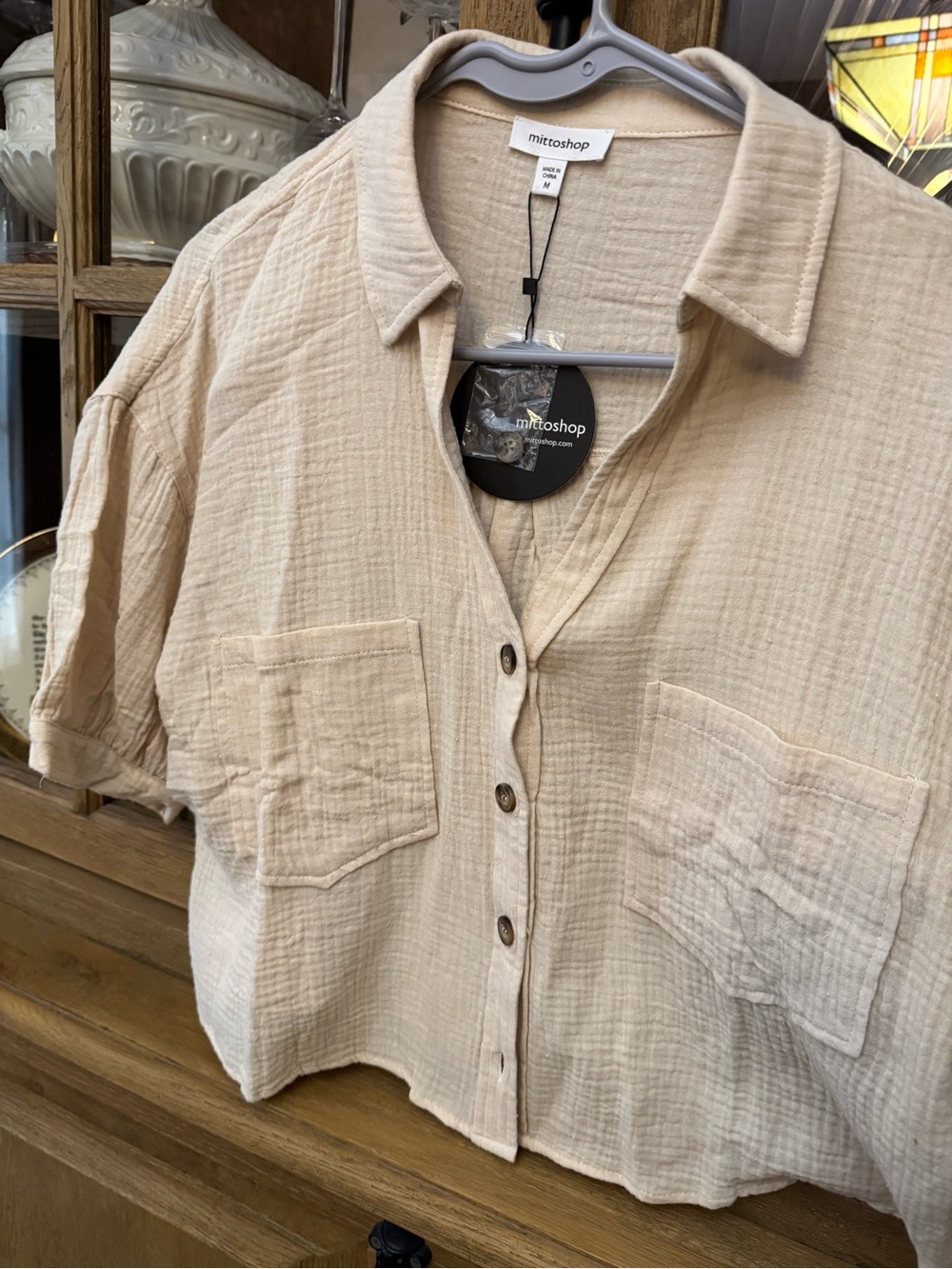 mittoshop Cream Textured Button-Front Crop Shirt
